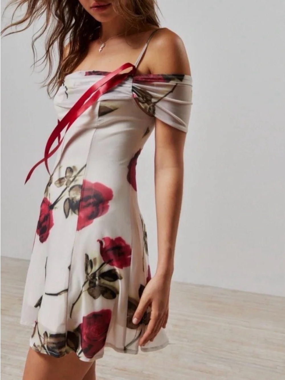 NWT Thirty/Thirty LA Floral Off-Shoulder Mini Dress with Pink Accents Small